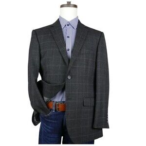 Pronto Uomo Platinum Mens Sport Coat Blazer 40R Gray Plaid Two Button Windowpane